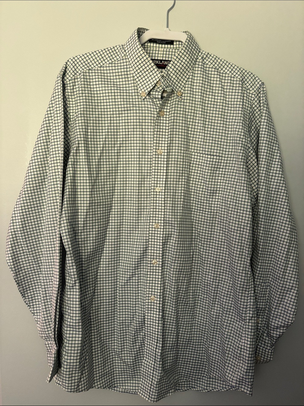 Kirkland Signature Men's White and Green Check Button-Down Shirt